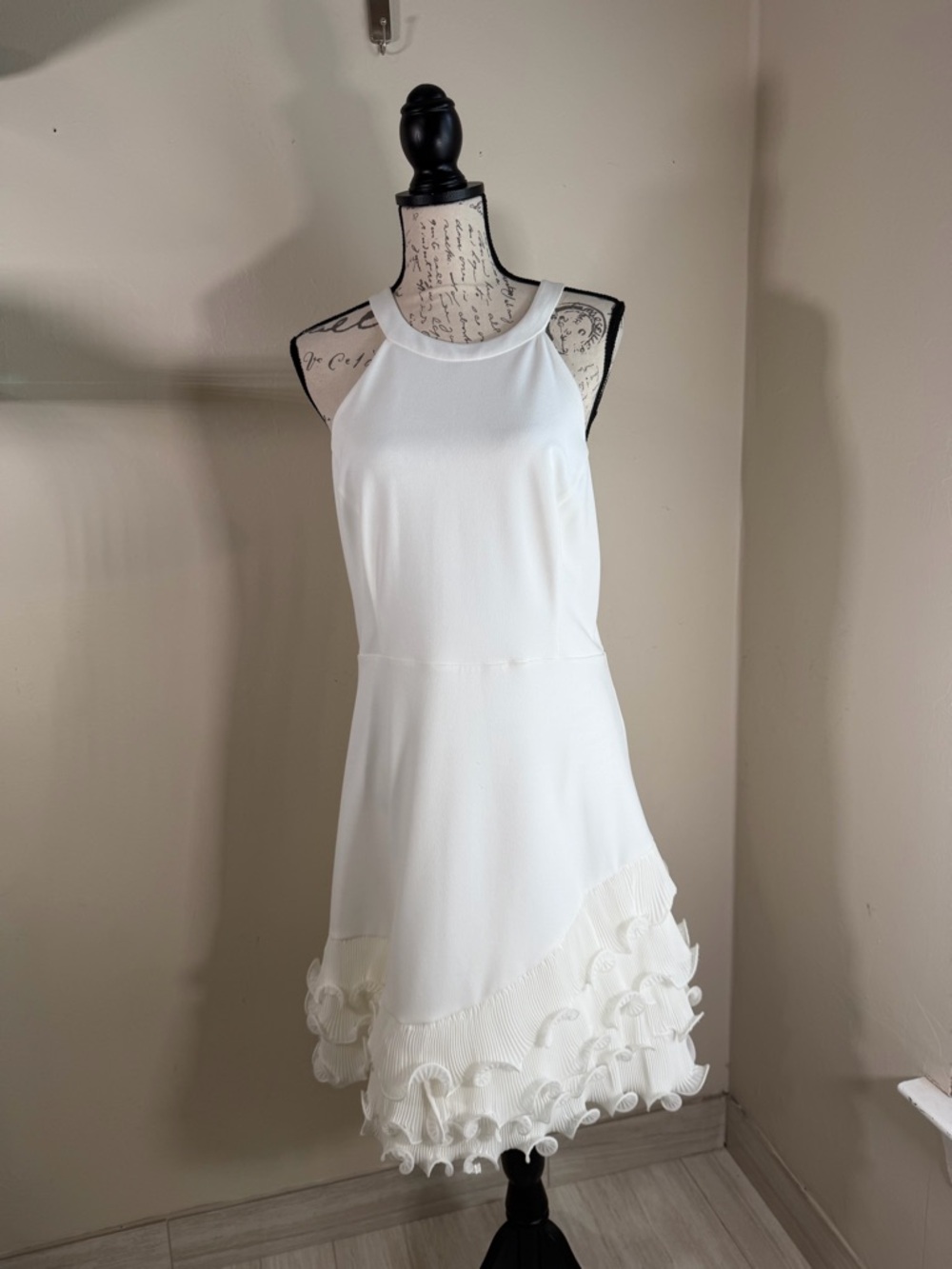 Guess White Halter Mini Dress with Textured Ruffle Hem - Picture 2 of 11